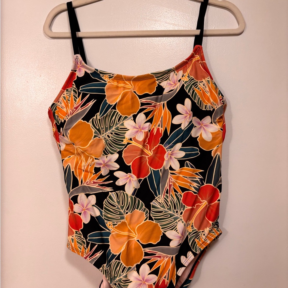 Hurley Black One-Piece Swimsuit with Orange, Red & Pink Floral Print